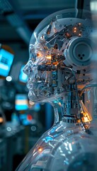 An android's head and shoulders are made of transparent material, revealing its intricate internal mechanisms.
