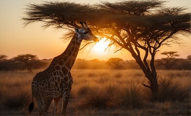 Giraffe in the savannah at sunset, Namibia, Africa