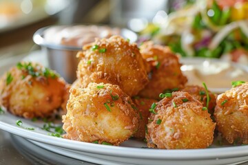 Appetizing fried cheese balls garnished with chives, served with dipping sauces on the side