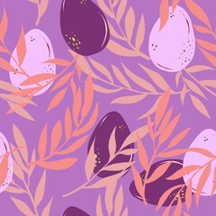 Easter eggs and branches hand drawn vector seamless pattern Retro style..