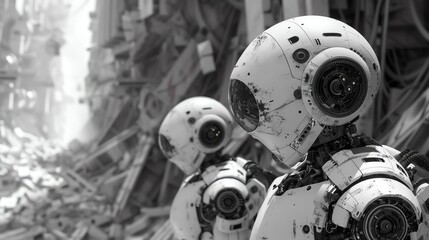 Fototapeta premium Two robots survey a destroyed city