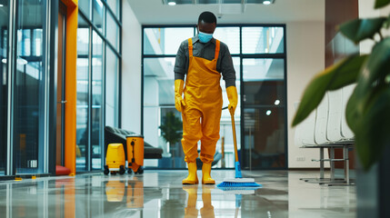 Obraz premium A janitor wearing protective gear, including a mask, gloves, and yellow coveralls, mops the shiny floor of a modern, clean office interior with large windows and minimalistic furniture.