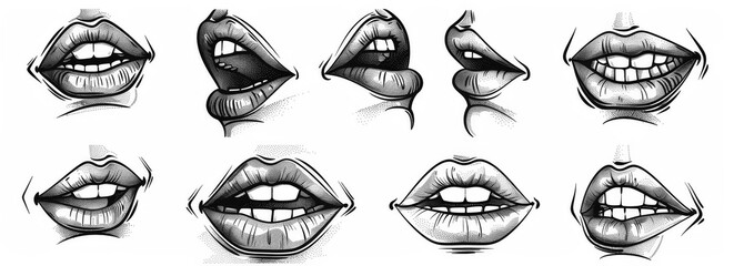 Black and white ink drawing of various lips and teeth illustrations