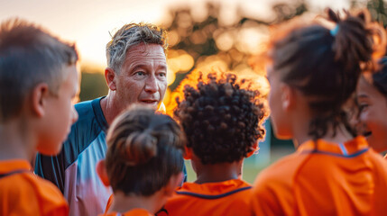 Soccer coach inspiring young team during sunset huddle
