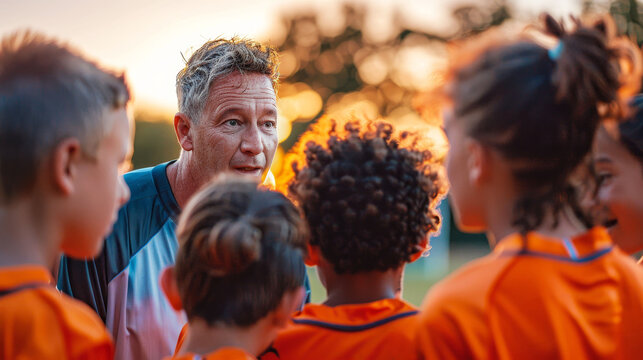 Soccer coach inspiring young team during sunset huddle