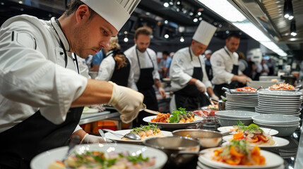 Professional chefs meticulously preparing gourmet dishes in a competitive kitchen setting