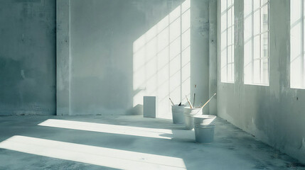 An empty white room in which repairs are being made. Repairing and reviving, one corner at a time.