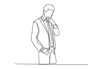 Single continuous line drawing young male manager focus thinking about solution for company problems at the office. Solution strategy concept. Dynamic one line draw graphic design vector illustration