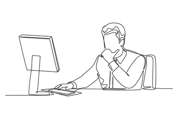 Single one line drawing young startup CEO sitting in front of computer and thinking seriously at the office. Business thinking concept. Modern continuous line draw design graphic vector illustration