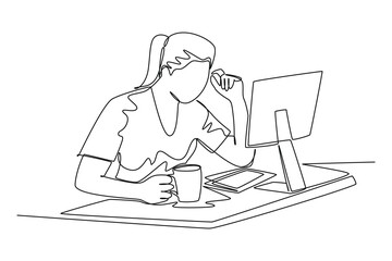 Single one line drawing of young female employee staring at laptop and thinking for business innovation ideas. Drinking coffee or tea concept. Continuous line draw design graphic vector illustration