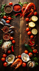 Top view of sea foods,super foods, in a wood table, empty space un the middle for text_23