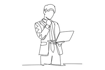 Single one line drawing young business man standing while holding tablet and thinking about business strategy at the office. Business idea concept. Continuous line design graphic vector illustration