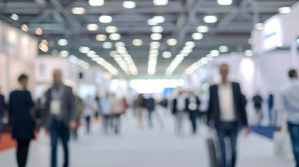 Blurred image of people walking in a brightly lit exhibition hall, emphasizing a bustling event or conference atmosphere.