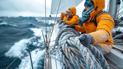 Captured in an intense extreme close-up, crew members collaborate seamlessly to fasten mooring lines, exemplifying the essence of teamwork and professionalism in maritime endeavors