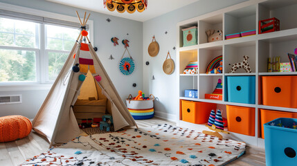 Bright and colorful children's playroom with a teepee tent, vibrant storage bins, and various toys organized on shelves. Decor includes wall hangings and soft rugs.