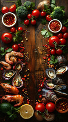 Top view of sea foods,super foods, in a wood table, empty space un the middle for text_19