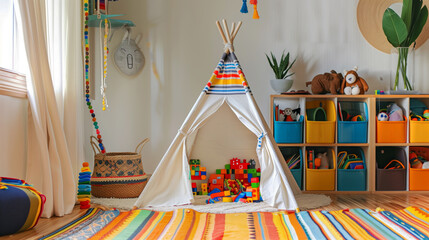 Colorful children's playroom featuring a small teepee tent with building blocks inside, organized storage boxes filled with toys, and various decorative elements.