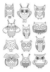 Outline vector illustration of owls for anti-stress coloring book isolated on a white background. Coloring page for adults and children. Vector