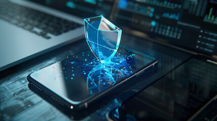 Cybersecurity shield floating above a smartphone and laptop