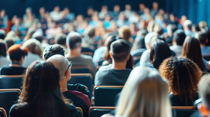 A large audience seated in a darkened auditorium, attentively facing forward. The image captures the backs of a diverse group of people, highlighting the community and learning environment.