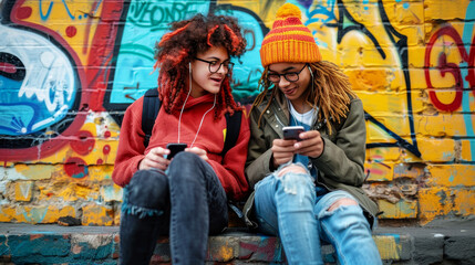 Obraz premium Two teenagers sharing earbuds and enjoying music together against a colorful graffiti wall