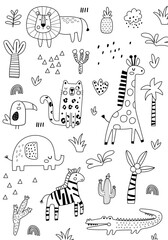 Outline vector illustration of tropical animals for anti-stress coloring book isolated on a white background. Coloring page for adults and children. Vector