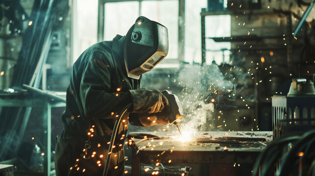 Industrial worker wearing a protective welding helmet and gloves, actively welding metal with sparks flying in a workshop environment.