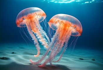 Obraz premium jellyfish swimming into the ocean beautiful isolated jellyfish in the ocean with beautiful original colour