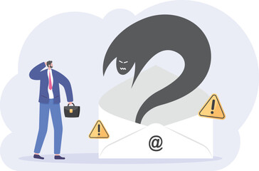 malicious message alerts, scam or phishing emails, suspicious mail. a male user is startled by a virus or monster appearing from inside the envelope. open mail. illustration concept design

