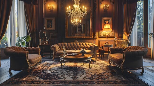 Elegant thCentury Victorian Living Area with Intricate Persian Rug and Ornate Chandelier