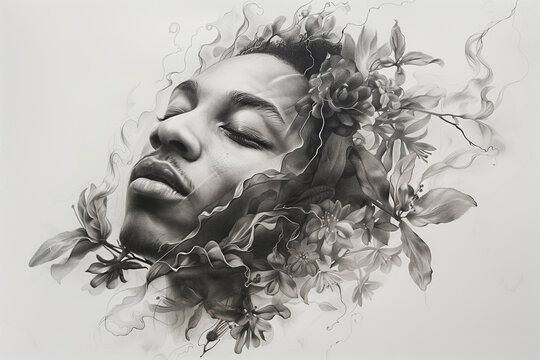 Surreal portrait of a person with floral elements. Generative AI image