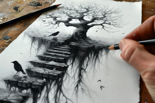 Artist creating a mystical tree and bird pencil drawing. Generative AI image