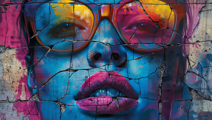 Vibrant graffiti mural of a woman's face with sunglasses on cracked wall