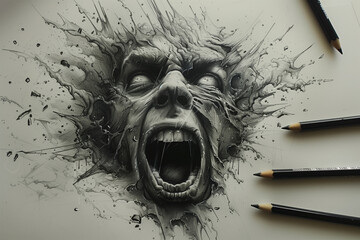 Explosive Zombie Head Pencil Illustration. Generative AI image