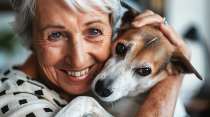 Close-up portrait of an elderly woman hugging her dog, both looking at the camera with affectionate expressions. The scene conveys warmth, love, and companionship.