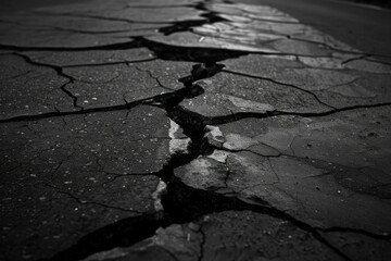Closeup of deep cracks and worn surface on a weathered asphalt road