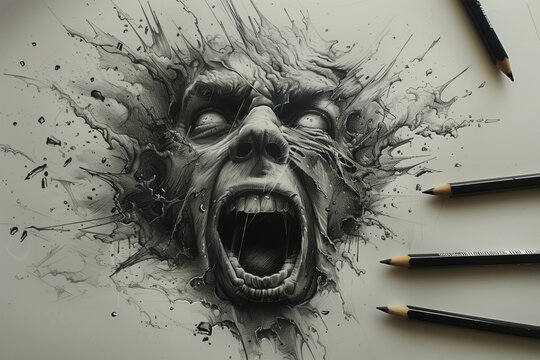 Explosive Zombie Head Pencil Illustration. Generative AI image