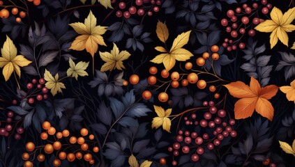A colorful painting of leaves and berries with a blue background
