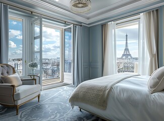Beautiful bedroom in Paris with a view of the Eiffel Tower from the balcony