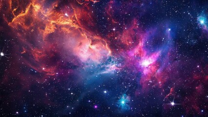 A nebula with swirling hues of red, blue, and purple amidst stars, creating a vibrant cosmic scene.