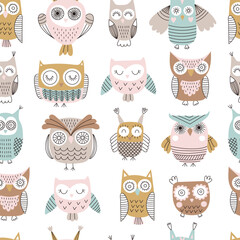 Seamless pattern with owls. Childish background. Ideal for fabrics, textiles, apparel, wallpaper. Vector