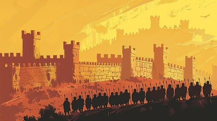 A minimalist graphic depiction of the historic event showcasing the Jewish army marching around Jericho, portrayed with clean lines and abstract forms, capturing the essence of the ancient biblical 