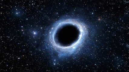 A mesmerizing image of a black hole surrounded by radiant stars and cosmic dust in deep space.