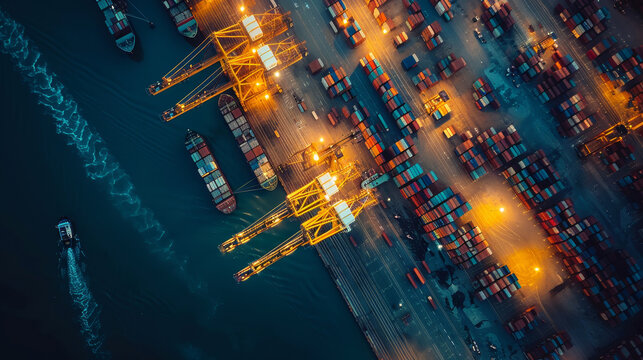Aerial view of a bustling shipping port at dusk, featuring cargo ships and cranes