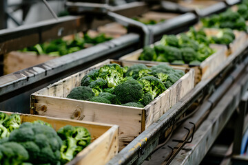 Freshly harvested broccoli neatly packed in wooden crates on a sorting line, ready for distribution