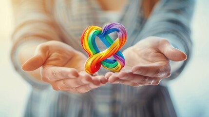 Colorful autism infinity rainbow symbol sign in outstretched woman hands. World autism awareness day, autism rights movement, neurodiversity, autistic acceptance movement