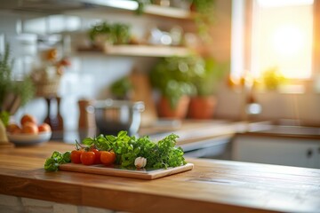 The cutting board is made of natural wood. Vegetables and greens are placed on the board. The background is blurred. The picture is taken from a close-up angle.