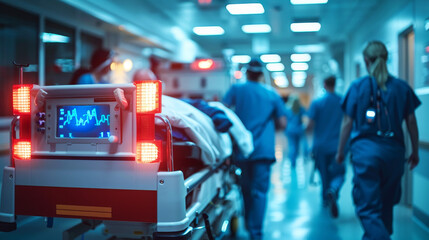 Emergency room scene with medical staff rushing a patient along a hospital corridor