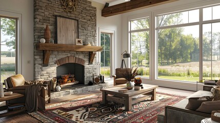 Farmhouse Living Room Cozy Stone Fireplace and Rustic Elegance Amidst a Lush Meadow View