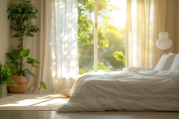 Fototapeta premium A minimalist bedroom with a smart thermostat and automated blinds, vibrant lighting adapting to the time of day.